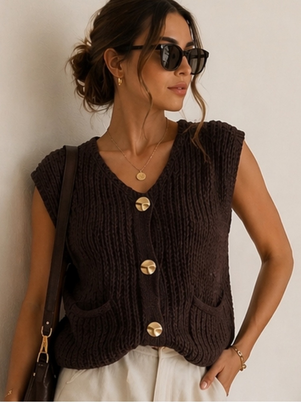 House of Harlow 1960 Chunky Knit Sweater Vest in Chocolate Brown Size S